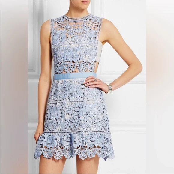 Self portrait periwinkle blue lace cutout dress with grey lining size 2 - Picture 8 of 14